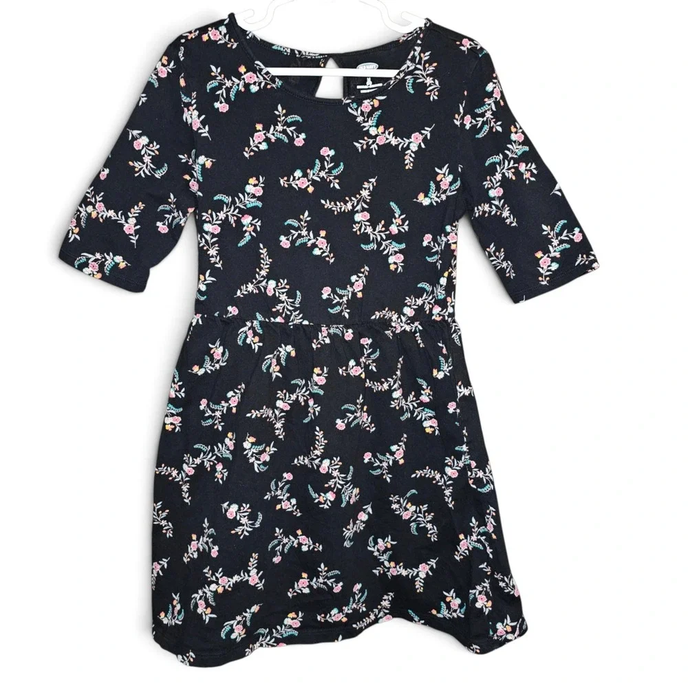 Old Navy Floral Dress Girls Size 8 Black Excellent Short Sleeve Keyhole Back